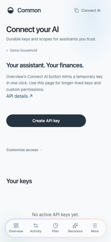Integrations and API keys in Common